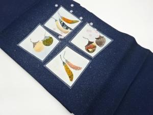 塩瀬金彩パッチワーク四角に梅・野菜模様刺繍名古屋帯